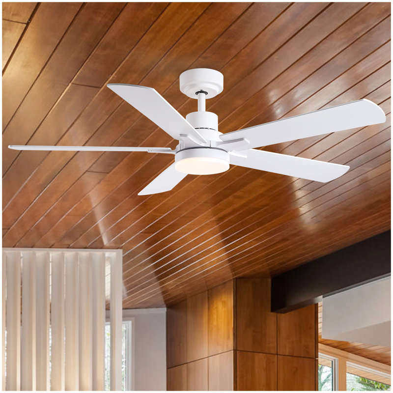 Ventilateurs de plafond blanc mat moderne de 52 pouces avec lumière DEL 24 W et 5 pales de ventilateur en contreplaqué télécommandées pour un salon de chambre à coucher de style simple