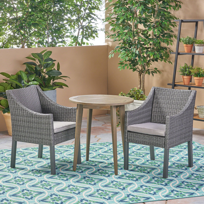 2 - Person Acacia Wicker Patio Dining Set with Round Table , Cushions Included, Gray Frame/Silver Cushion