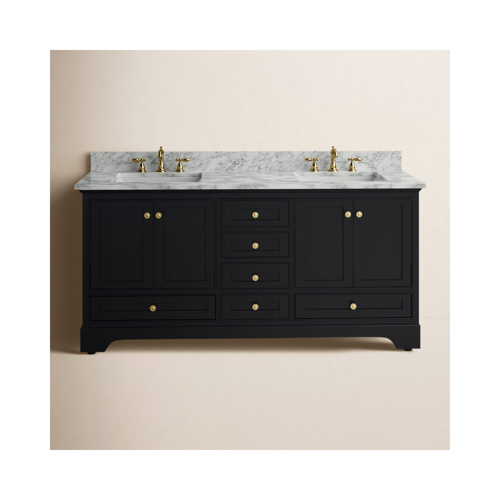 Varna 60'' Double Bathroom Vanity, Carrara White Marble, Black Onyx/Brushed Gold