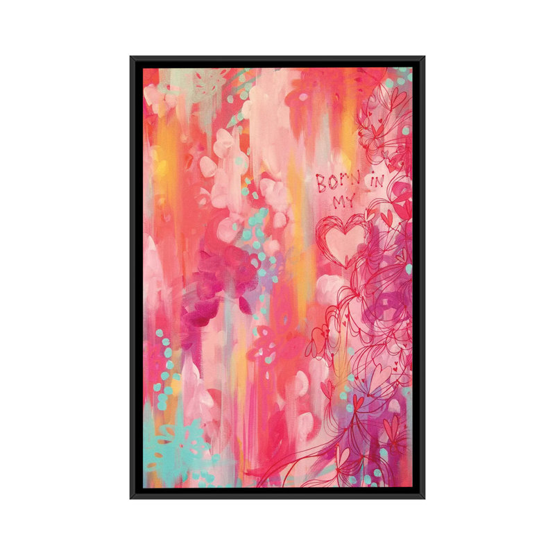 « née my cardiaque », impression sur toile tendue, H 26 po x l 18 po x P 1,5 po, Toile avec cadre noir, Pas de tapis