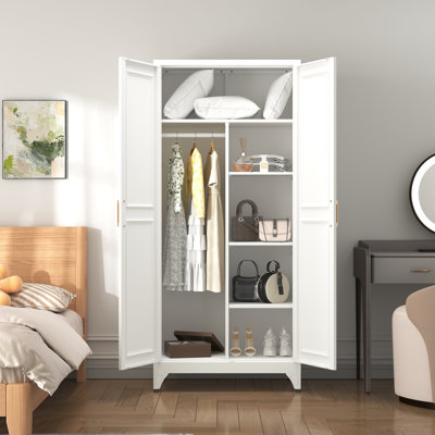 Armoire-penderie en métal blanc, 180 cm de hauteur, avec tringle, 2 portes et 3 étagères réglables, meuble de rangement pour vêtements, chambre ou bureau.