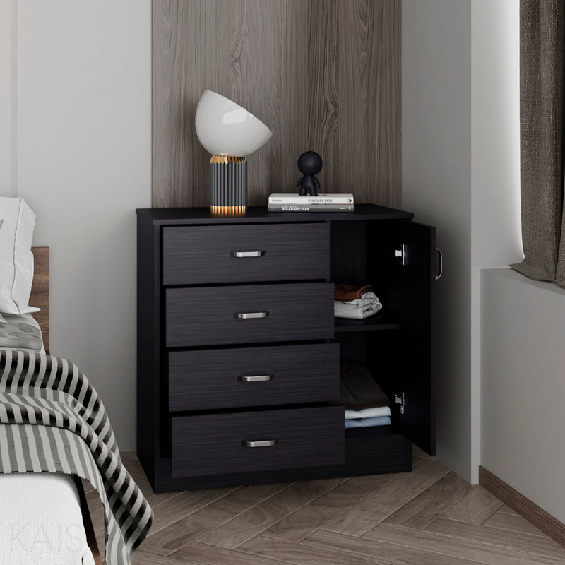Commode de chambre moderne à quatre tiroirs, une porte avec rangement spacieux, noir