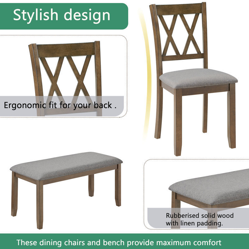 Ensemble de table de salle à manger 6 pièces rectangulaire en bois d'acacia, table de salle à manger élégante avec 4 chaises de coussin et 1 banc rembourré, ensemble de table moderne avec dossier en croix classique pour la salle à manger et la cuis