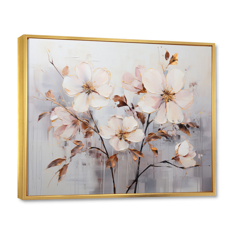 «Beige Minimalist Blossoms I - Abstract Botanicals Wall Art Living Room», L 20 po x H 12 po, Cadre flottant doré