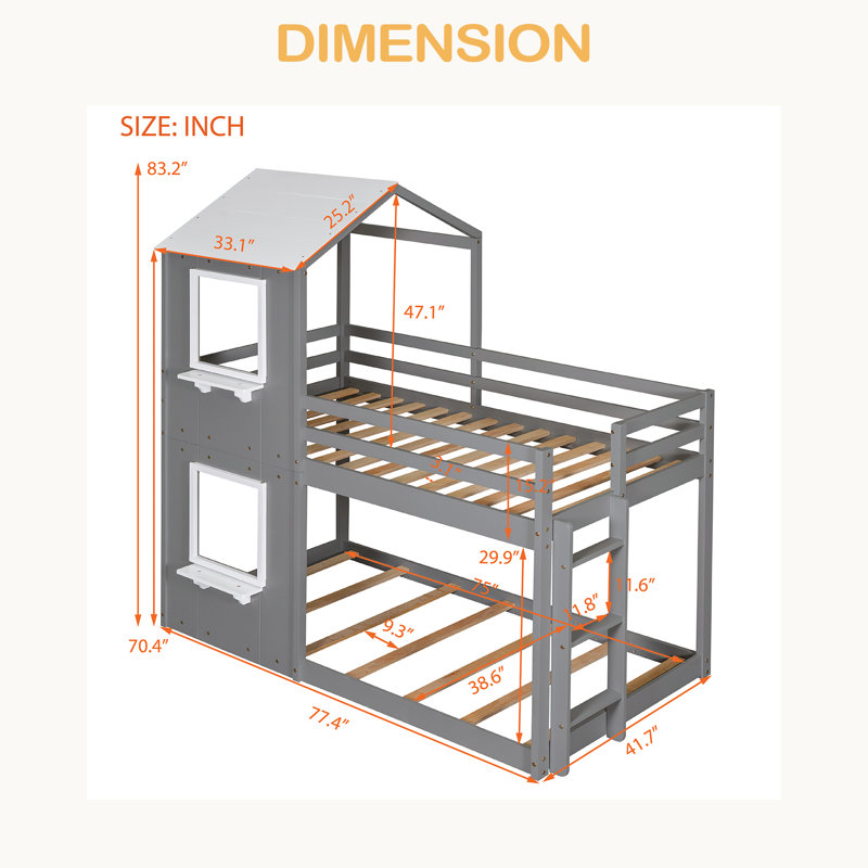 Lit superposé simple au-dessus d'un lit simple en bois avec toit, fenêtre, garde-corps et échelle, Gris