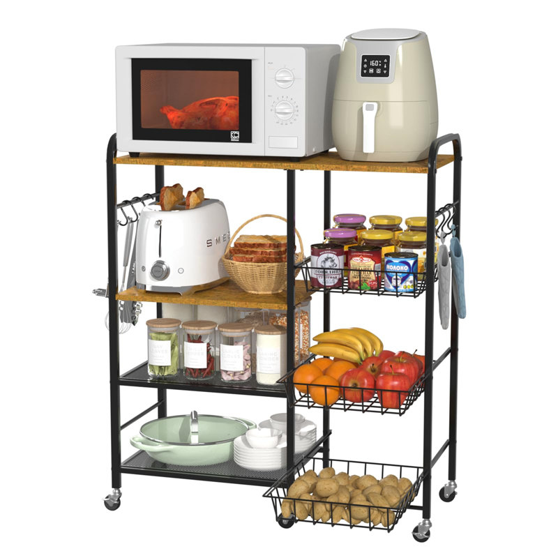 Tier Kitchen Storage Trolley With Pull-Out Baskets, Vegetable Rack With Wheels Rolling Storage Cart, Mobile Utility Serving Cart For Kitchen
