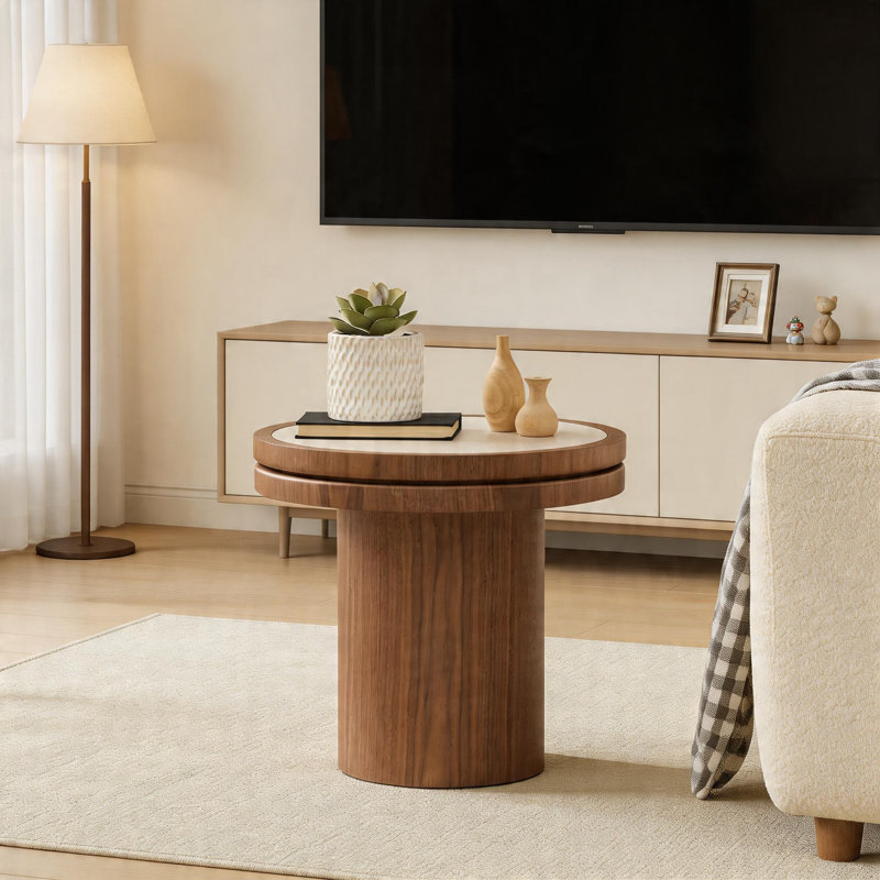 Table d'appoint ronde 19,49 po avec plateau en pierre frittée et base en panneau de fibres à densité moyenne, table d'appoint moderne pour le salon et la chambre à coucher, noyer