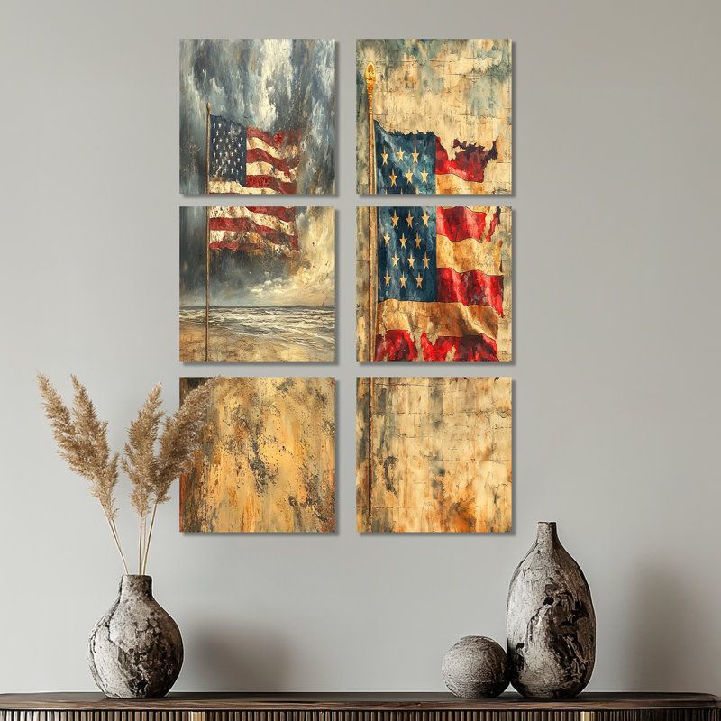 «Us Flag On D-Day Invasion Wwii», ensemble de 6 décorations murales tendance, Wrapped Canvas, Ne s’applique pas
