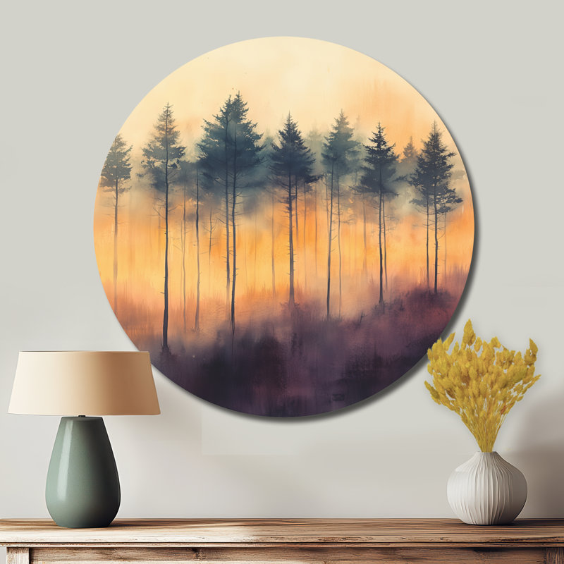 «Whispering Forest Edge Sunset», art mural rond en métal, L 29 po x H 29 po