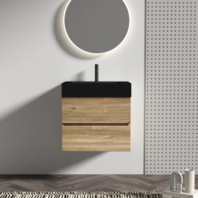 Meuble-lavabo mural flottant avec lavabo à quartz en chêne, tiroirs noirs doux, meuble-lavabo Mid-Century 24 pi, finition à base d'eau E0, drain de tiroir en forme de U