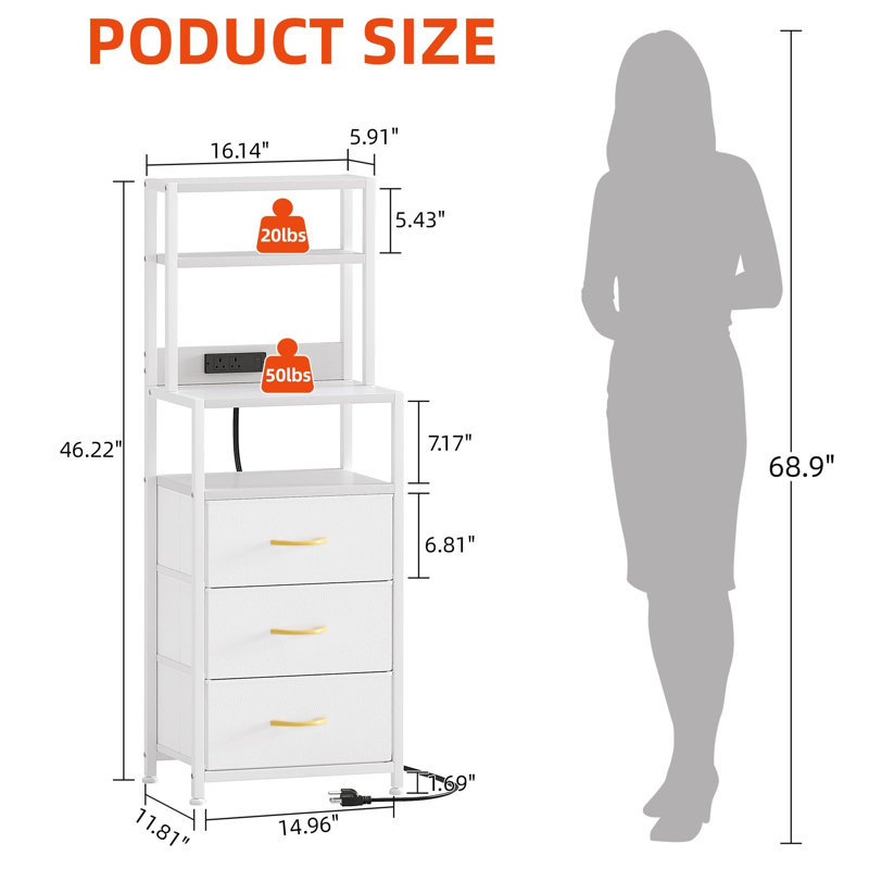 41cm W Metal Bedside Table, White