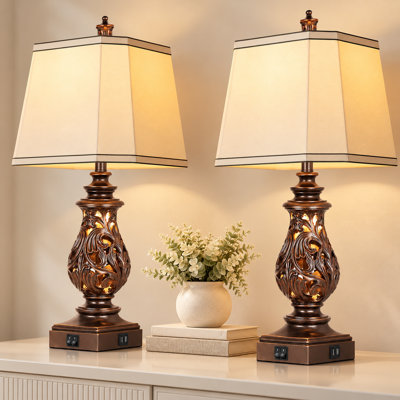 29" Table Lamps Set of 2, Bedside Lamps with USB A+C Ports & Night Light, Vintage Brown