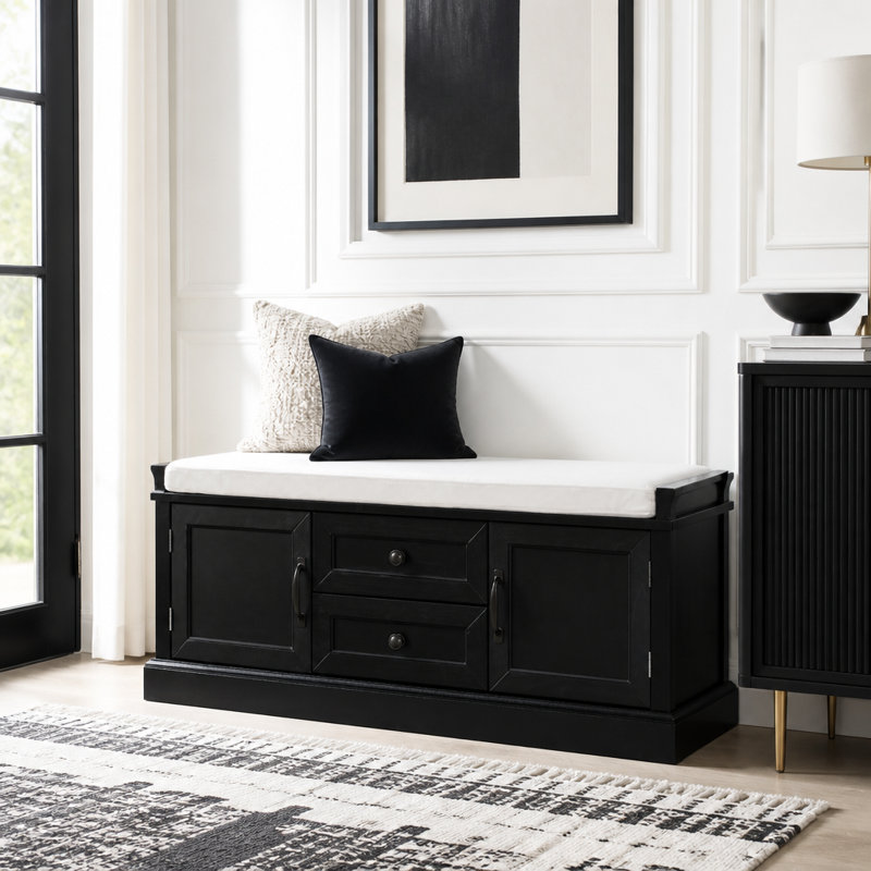 Banc de rangement avec 2 tiroirs et 2 armoires, banc à chaussures avec coussin amovible, Black, Black