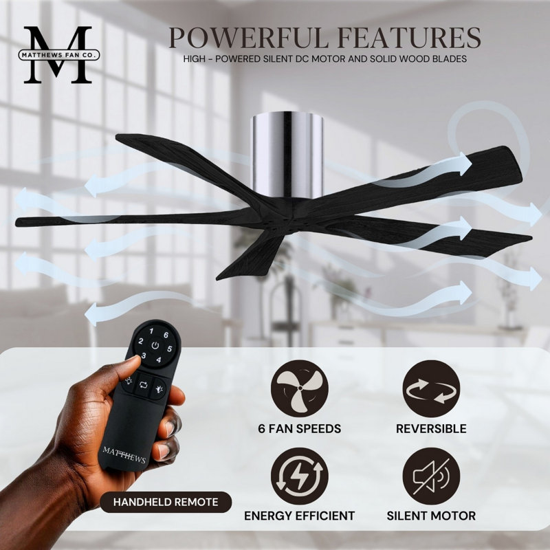 60" Irene 5-Blade Hugger Ceiling Fan with Wall Remote, Polished Chrome, Matte Black, 42"