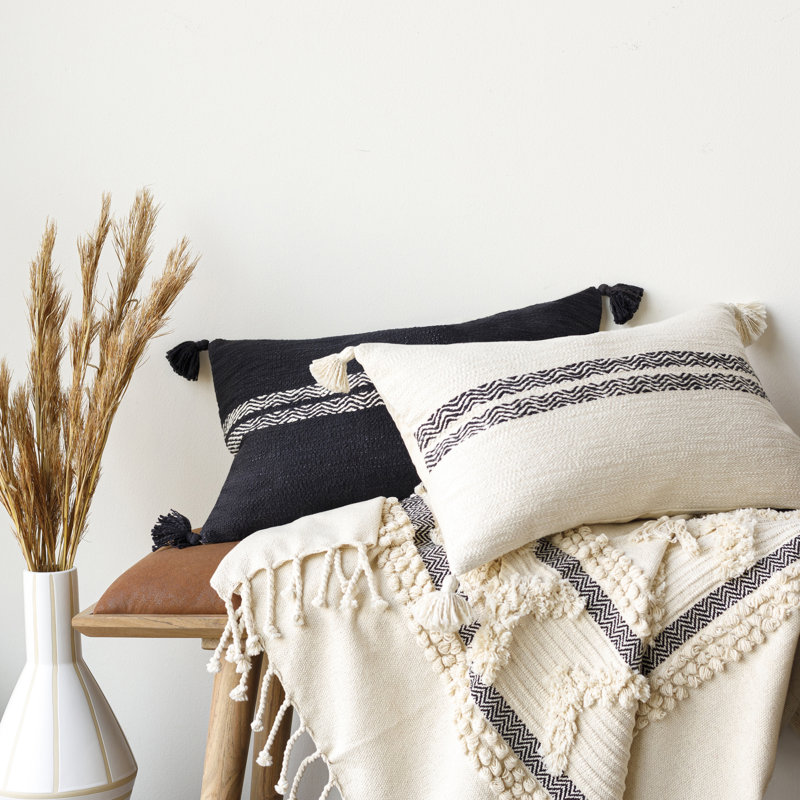Tassels Cotton Throw Pillow, Cream/Beige/Black, 22" x 22", Down