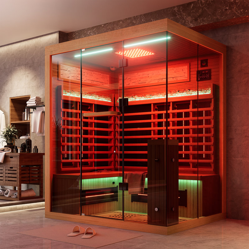 Meissalivve Full Spectrum Infrared Sauna,3-4 Person Home Sauna,Wooden Canadian Luxury Indoor Spa Sauna With Resonance Speaker, Panoramic Tempered Glass Door