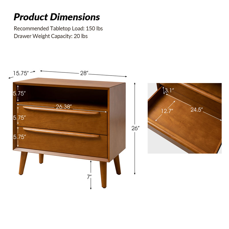 Aviannah Midcentury Modern 2-Drawer Nightstand with Charger