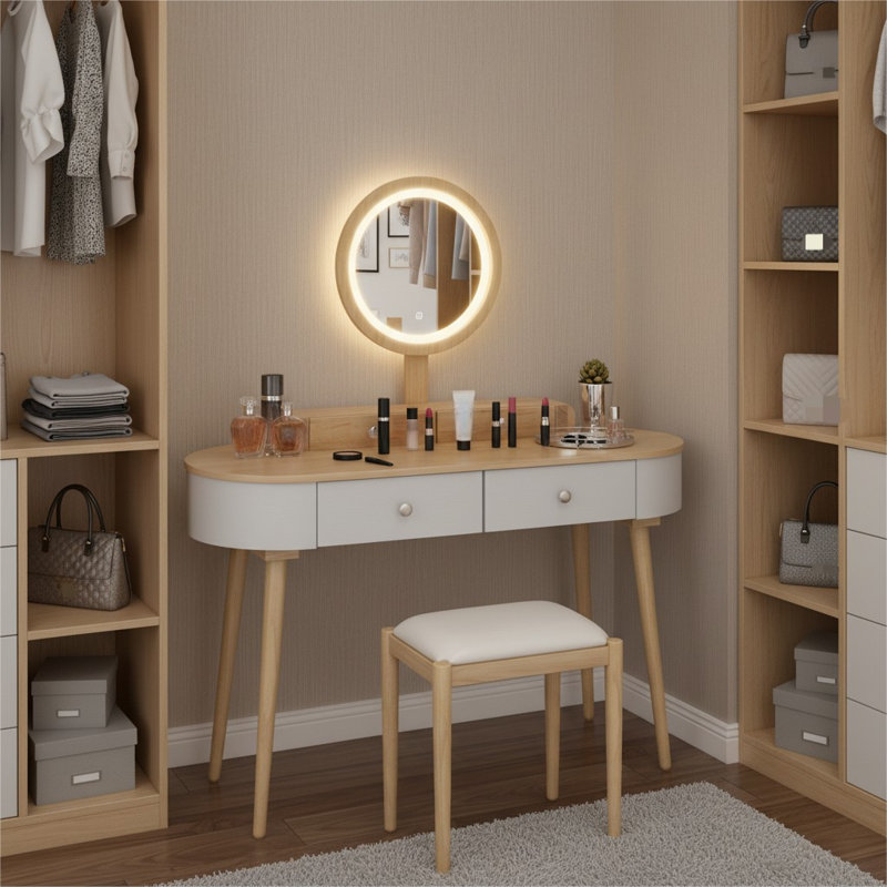 Vanity Table Set with LED Lighted Mirror, 3 Adjustable Lighting Dressing with Touch Switch, 4 Drawers, Cushioned Stool