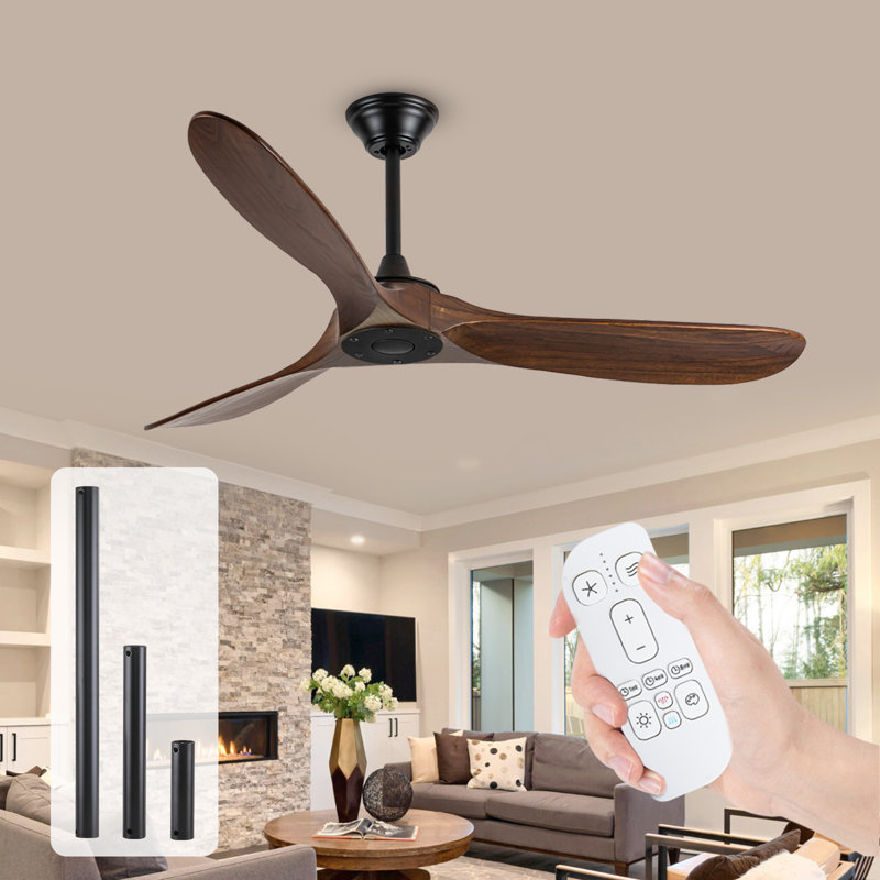 Solid Wood Ceiling Fan With Remote,3 Blade Reversible Dc Motor, Quiet Cooling For Living Room Or Bedroom, 132cm, Walnut