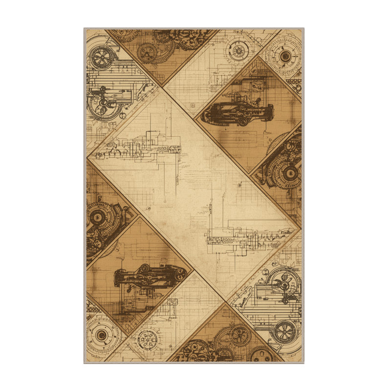 Soft Plush Cadwall Industrial Machine Drawing Traditional Vintage Look Area Rug in Brown – Beige Binding, 6x9