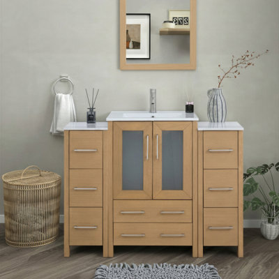 Ensemble de meuble-lavabo autoportant 48 po avec plateau en céramique et miroir assorti Brescia