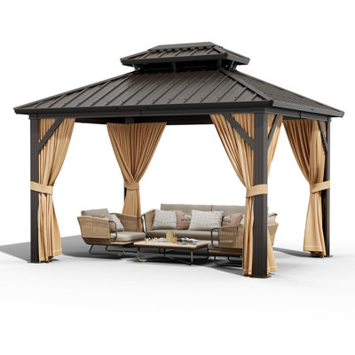 Pavillon de jardin à toit rigide de 10 pi x 12 pi, pavillon double toit en aluminium galvanisé robuste avec filet et rideaux, pavillon de jardin en métal imperméable pour cour, patio, terrasse et bord de piscine, brun