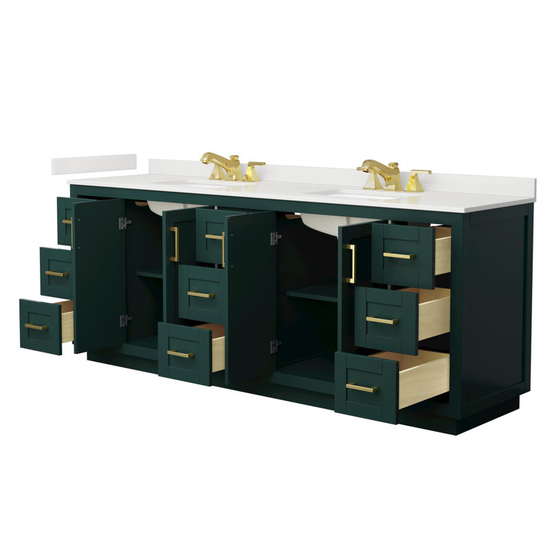 Miranda 84" Freestanding Double Bathroom Vanity with Quartz Top, White Quartz, Green, Brushed Gold