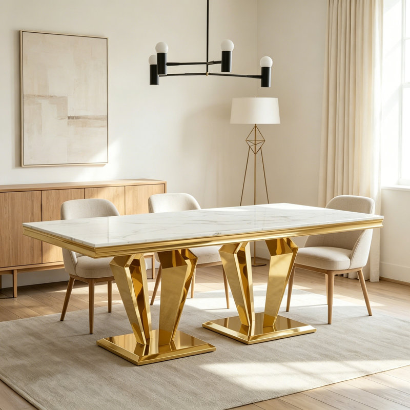 Rectangular Dining Table with Diamond-Shaped Base, White