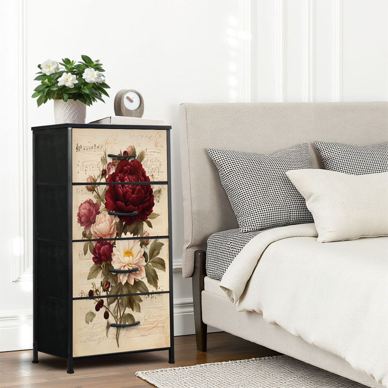 Commode 4 tiroirs pour chambre à coucher, commode étroite, plateau en bois et structure en fer de travail 18 po x 37,5 po - (l x H)