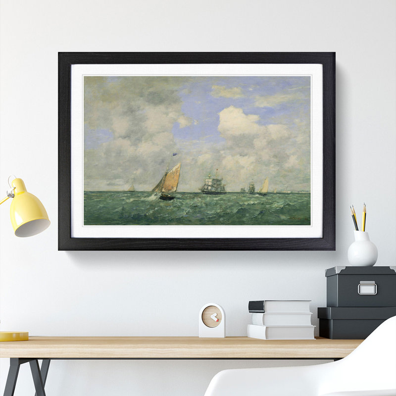 Ships and Sailing Boats by Eugene Boudin - Picture Frame Painting, 36cm H x 48cm W x 2cm D, Black Framed