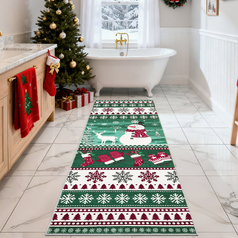 Machine Washable Area Rug Christmas Holiday Rugs Non Slip Santa & Reindeer Xmas Carpet Low Pile Non Shedding Floor Covers for Living Room Bedroom Playroom Nursery
