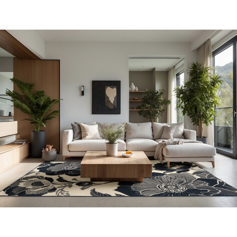 Tapis oriental doux et moelleux de style oriental classique en beige - reliure marine, Carré 6 pi