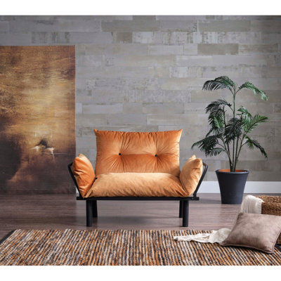 Causeuse futon jaune moutarde, structure en métal X P 23,56 po L 34,2 po H Siège moutarde, savoir-faire, profondeur du produit, largeur, hauteur