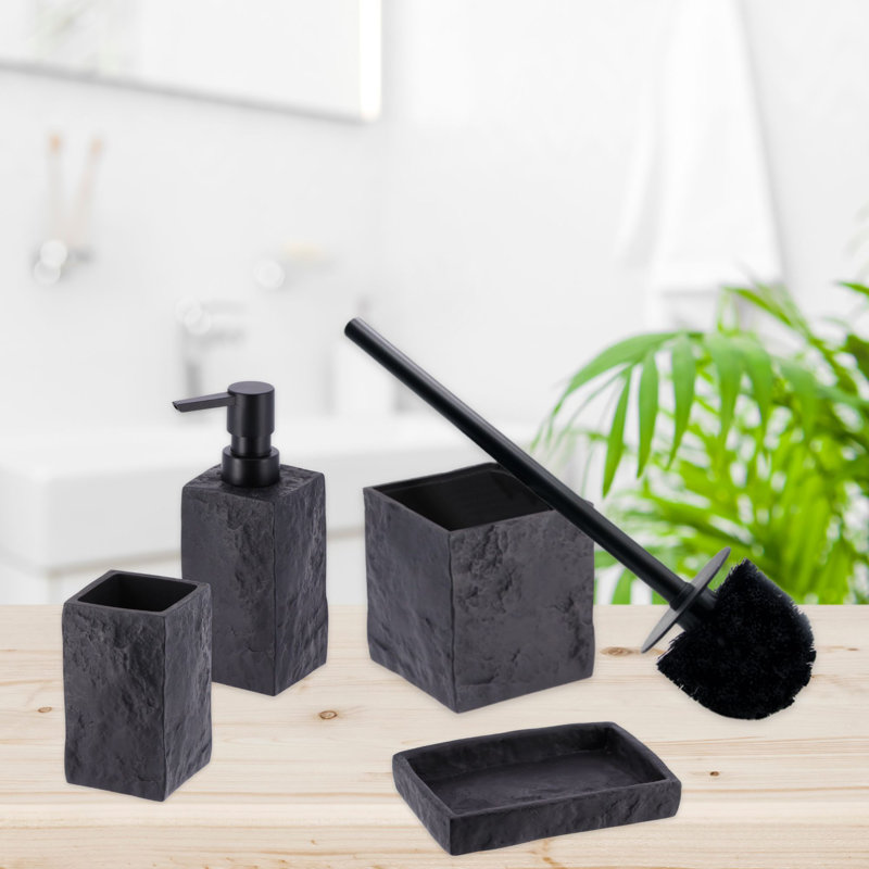 Black Stone Effect Polyresin Bathroom Accessory Set, 4 Pieces