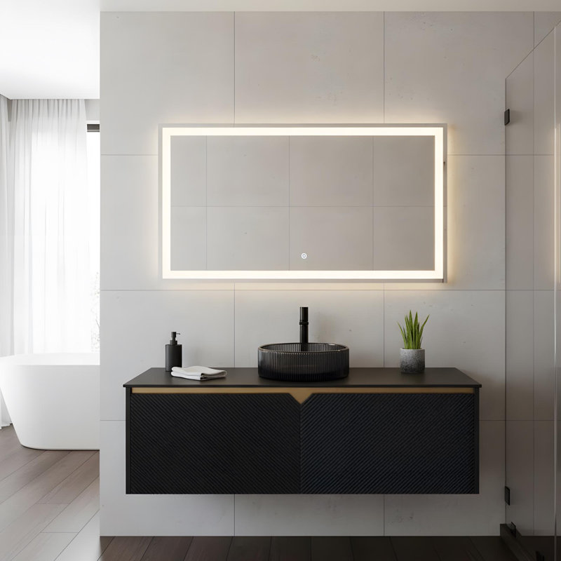 Meuble-lavabo mural 48 po avec portes doubles et lavabo rond en verre noir transparent, 48"