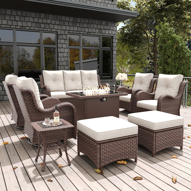 LayinSun 10 Pieces Outdoor Patio Furniture Set With Fire Pit Table, Beige, Brown