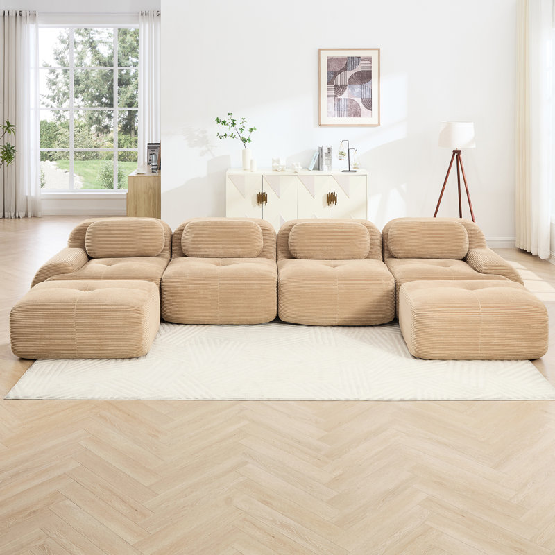 Canapé d'angle modulaire en forme de U avec revêtement en velours côtelé, multi-angles et repose-pieds incurvé, couleur camel, mousse haute densité 32D, respirant et réglable.