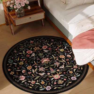 4-foot vintage medal floral round carpet, non slip soft low plush, suitable for bedrooms, living rooms, dining rooms, lobbies, offices, bathrooms | Black