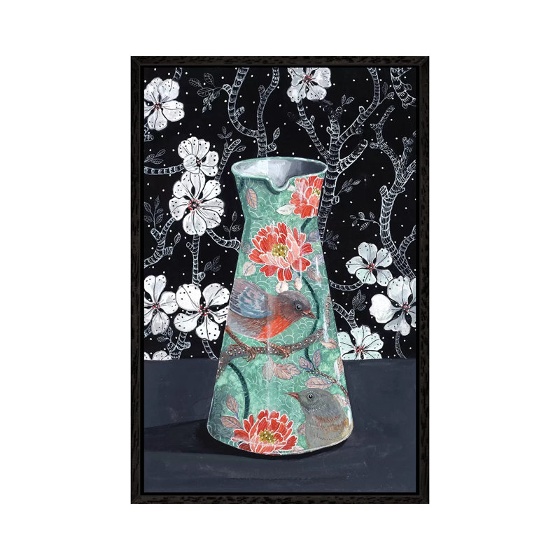 Jade Vase With Birds by Miri Eshet - Painting on Canvas, Black Framed, 101.6 cm H x 66.04 cm W