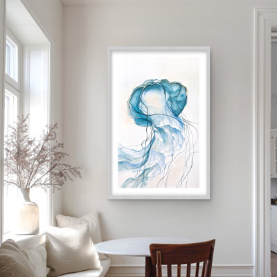Jellyfish Moving - Blue Animals Framed Matted Print Decor