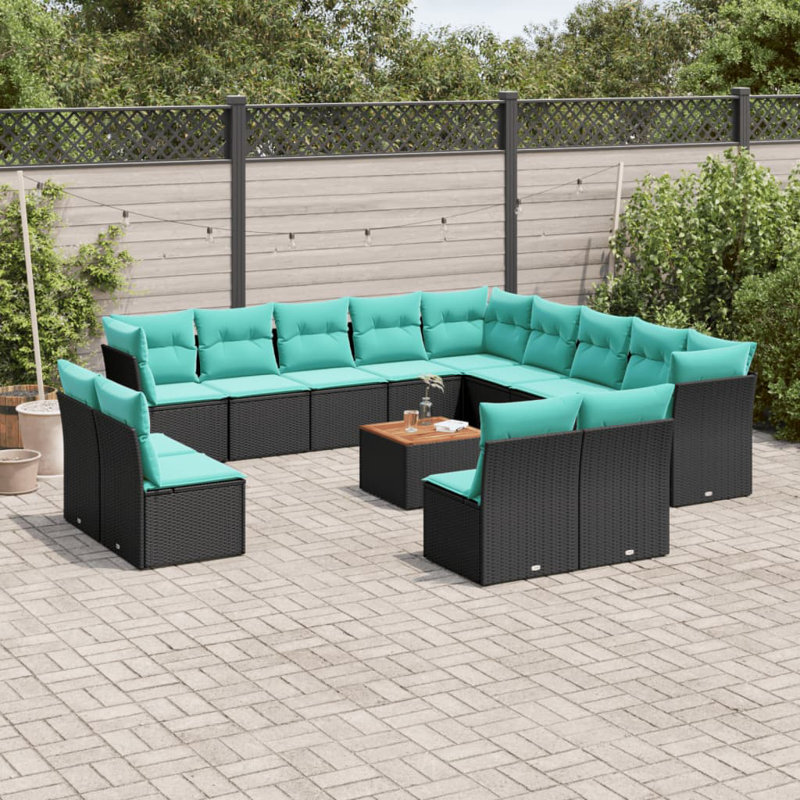  Ensemble de canapé de patio 14 pièces avec coussins en rotin de polyester noir