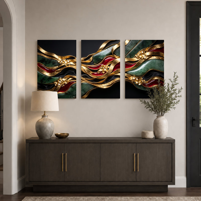 «Wavy Gold», ensemble de 3 toiles de rubans de jade vert et rouge, 30"H x 20"W x 3pcs