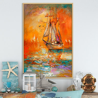 «Colorful Ocean Sail Boat II» - Impression sur bois orange nautique et côtier