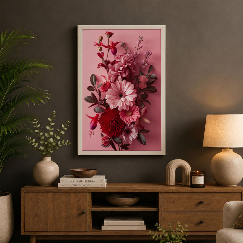 Pink Blooms Unified Botanical - Wrapped Canvas, 30x20 - 76.2 x 50.8 cm, Ochre Border
