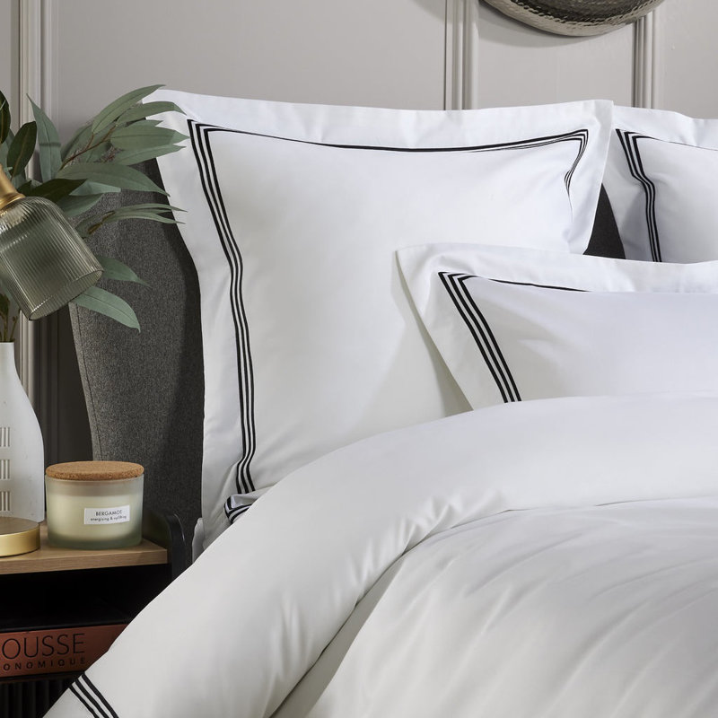 800 Thread Count Triple Row Cord Embroidered Square Pillowcase Pair, White/Black