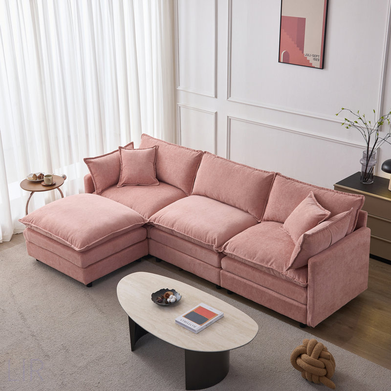 105 Inch Modular Sectional Couch, Upholstered Soft Chenille Fabric Sofa, 3 Seater With Ottoman L Shape Sofa, Pink Chenille