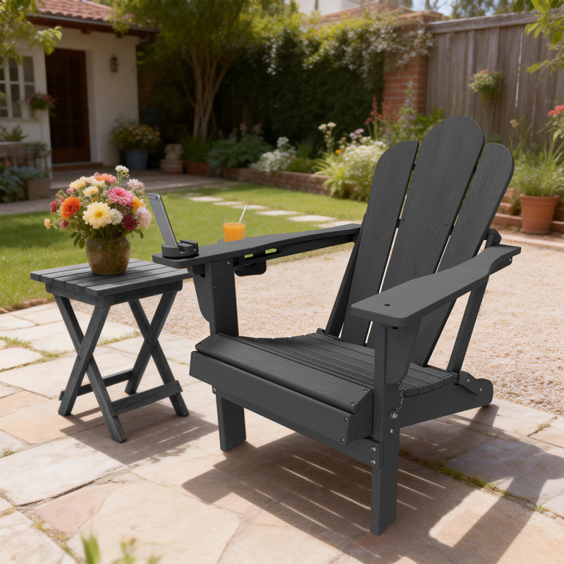 Fauteuil Adirondack d'extérieur inclinable et pliable avec support pour téléphone portable, Noir, 1