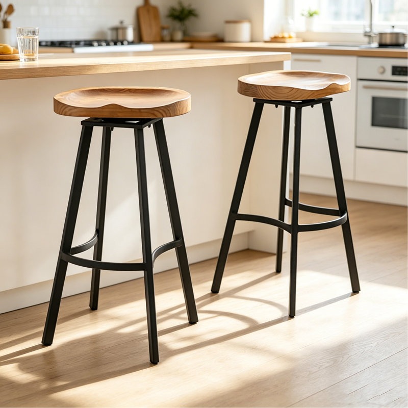Tabouret de bar pivotant en bois de pin avec pieds en fer (ensemble de 2)