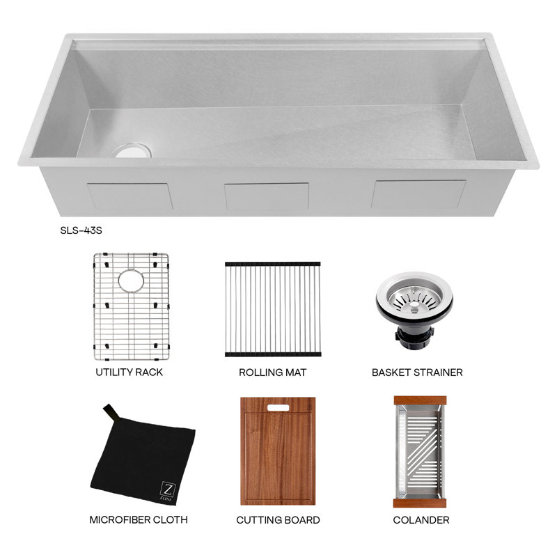 ZLINE 43" Garmisch Undermount Single Bowl Fingerprint Resistant Stainless Steel Kitchen Sink with Bottom Grid and Accessories