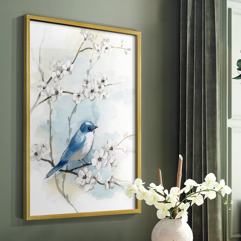 «Blossoms and Bluebird I», reproduction encadrée - bois massif, Or, H 10 po x l 8 po